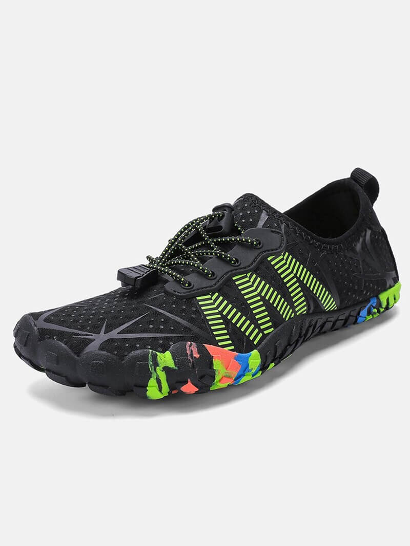 Unisex beach quick-dry shoes with lace-up design, black with green and colorful accents for superior grip and comfort - SF0472