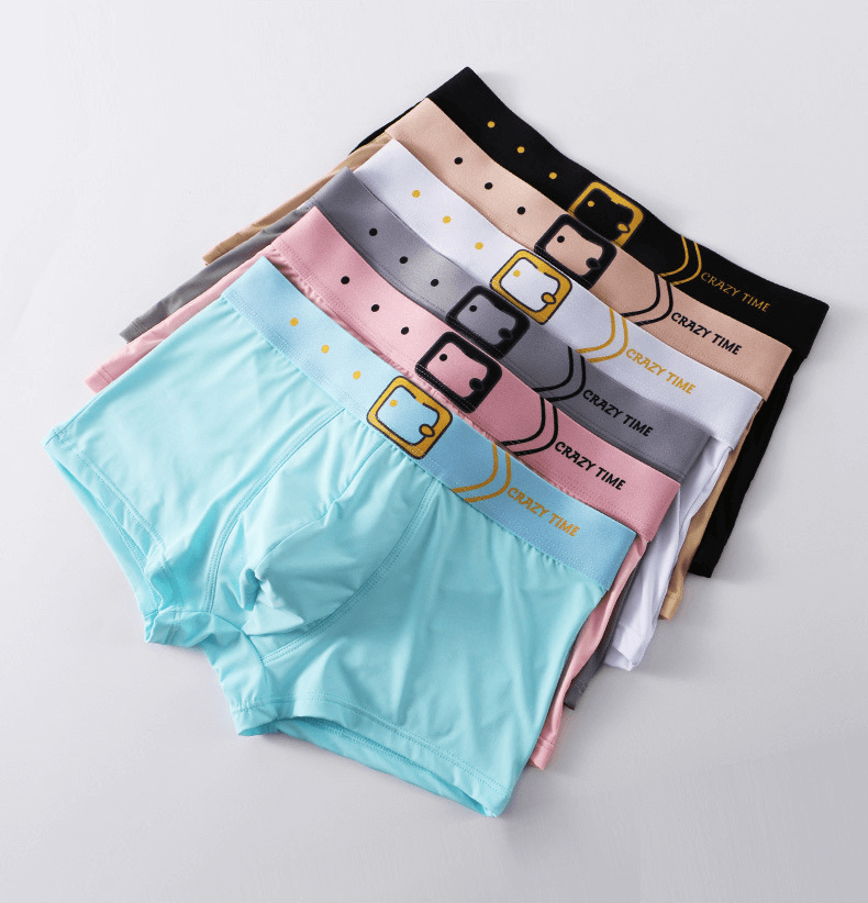 Colorful belt breathable cotton men's boxers in soft fabric, including white, black, light blue, gray, beige, and pink options.