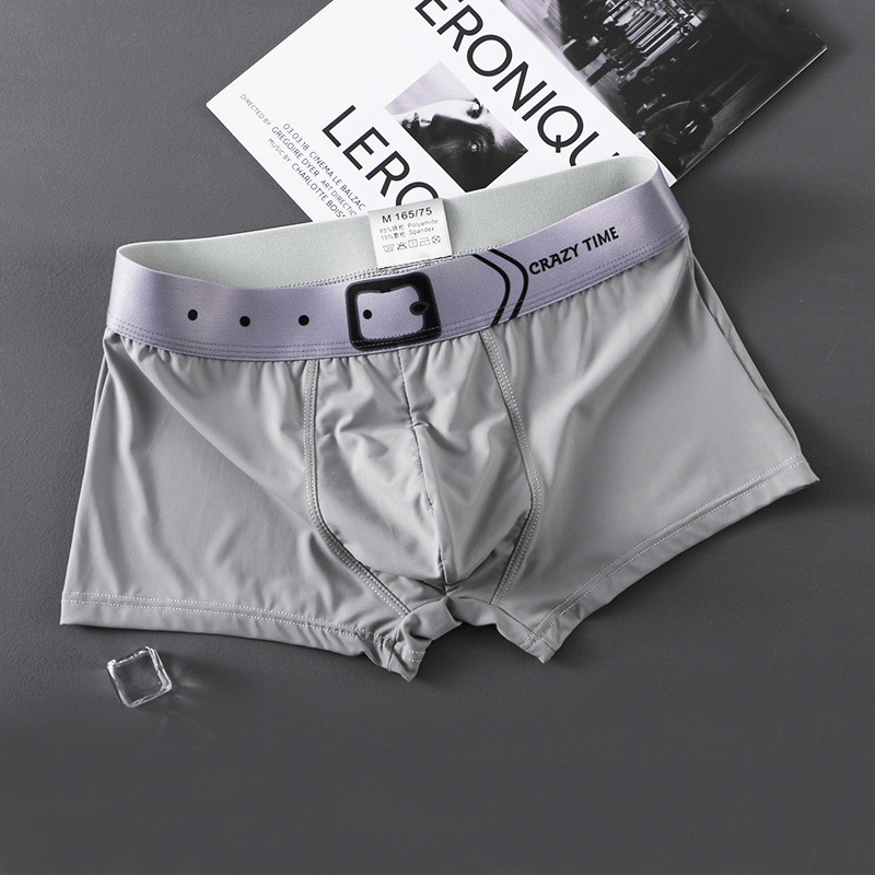 Gray breathable boxer shorts with belt design for men, perfect for comfort and style; ideal for gym or home. Fashionable and soft fabric.