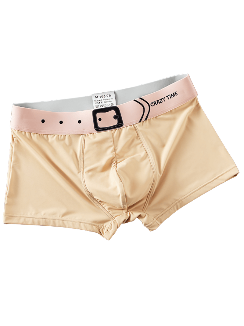 Beige belt breathable cotton men's boxer shorts with nylon, featuring a soft, solid pattern, offering comfort and style for men.