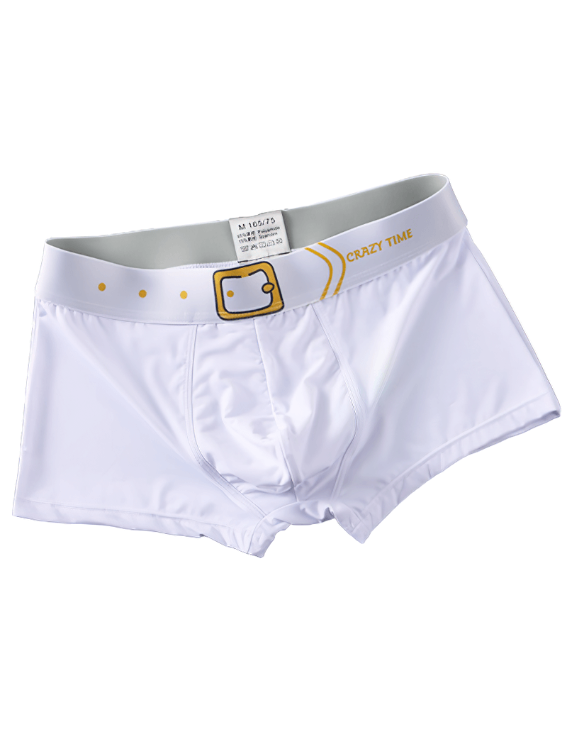 Belt breathable cotton men's boxer in white with playful belt design, perfect blend of comfort and style, great for gym or lounging.