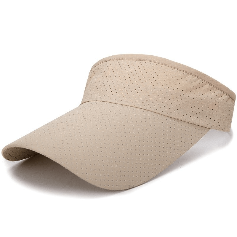 Breathable beige sun visor with adjustable strap and air holes for superior sun protection, perfect for spring and summer activities.