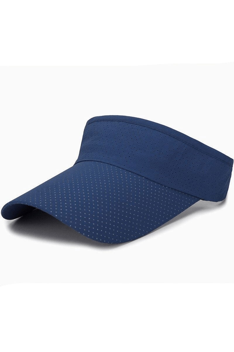 Breathable blue sun hat visor with quick-drying acrylic, featuring a wide brim and air holes for superior sun protection. Ideal for summer.