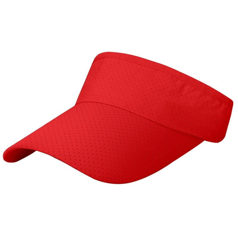 Red breathable sun visor with adjustable strap for summer protection.