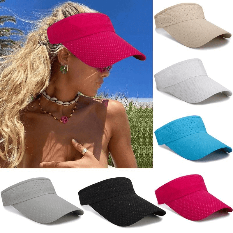 Colorful breathable sun hats with adjustable visor for summer activities, showcasing various colors and worn by a person outdoors.