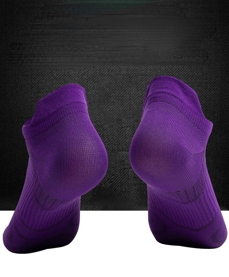 Purple breathable anti-slip sports socks showing heel and toe design for unisex use, perfect for active sports and running.