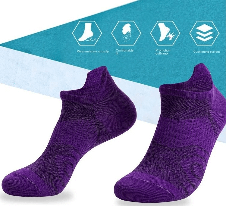 Purple breathable anti-slip sports socks with nylon material, showcasing technology icons for comfort, wear-resistant non-slip, and cushioning.