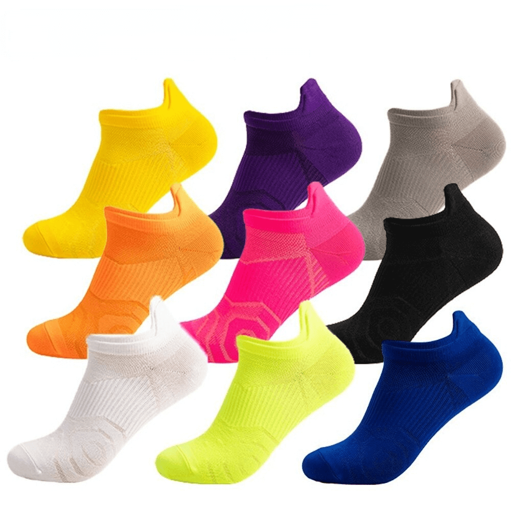Colorful breathable anti-slip sports socks in various shades, unisex short lightweight design ideal for active sportswear.