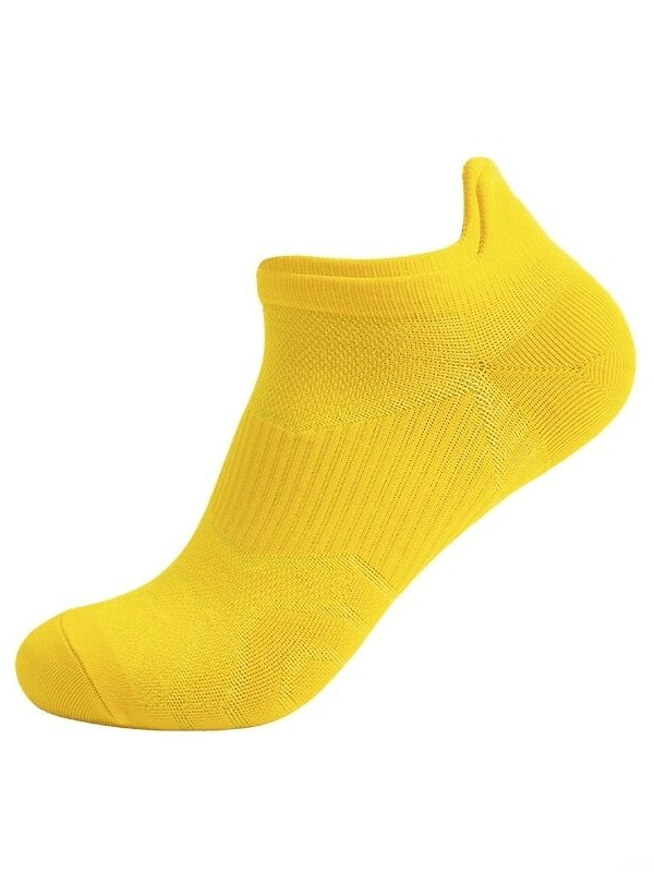 Bright yellow breathable anti-slip sports sock for active performance, lightweight design, unisex fitting, sweat-absorbing material.
