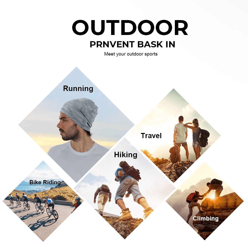 Collage of outdoor activities including running, hiking, travel, bike riding, and climbing featuring breathable running hat.