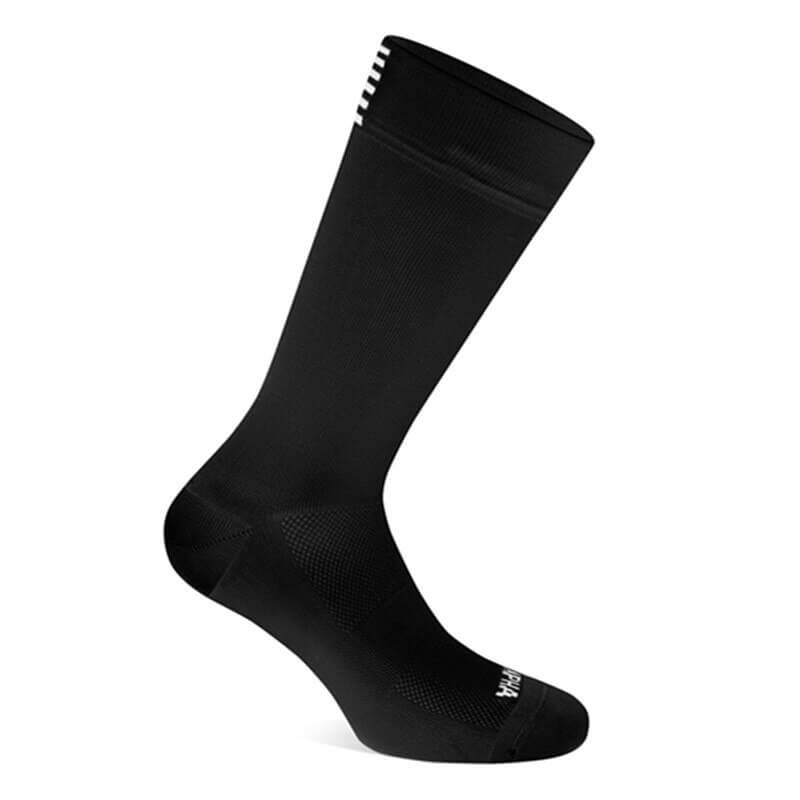 Black unisex compression cycling sock, breathable nylon, knee-high length, designed for comfort and protection during exercise.