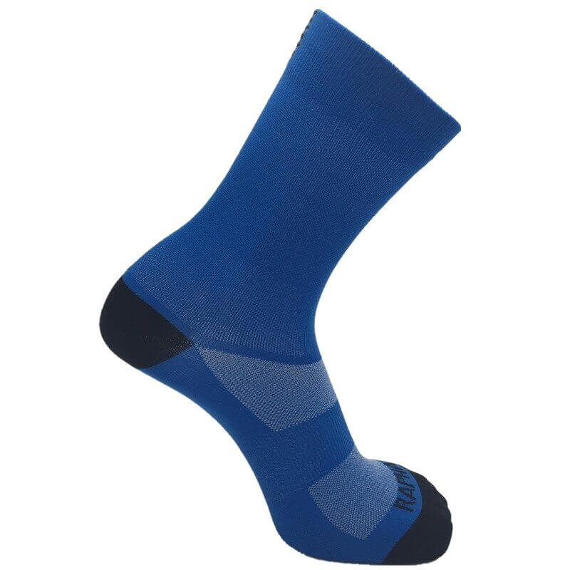 Blue unisex compression cycling sock with breathable nylon fabric, designed for comfort and moisture control.