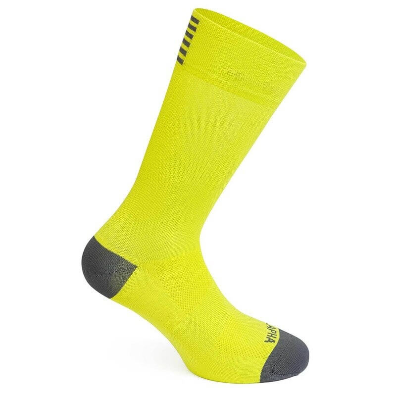 Neon yellow breathable unisex cycling compression sock with grey accents, knee-high length, perfect for active sports enthusiasts.