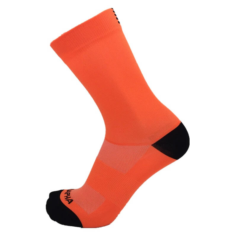 Bright orange unisex compression cycling sock with breathable fabric and black accents, designed for comfort and moisture control.