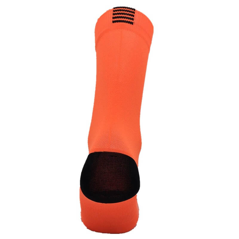 Bright orange breathable cycling sock with black accents, knee-high design for unisex compression and ventilated comfort.