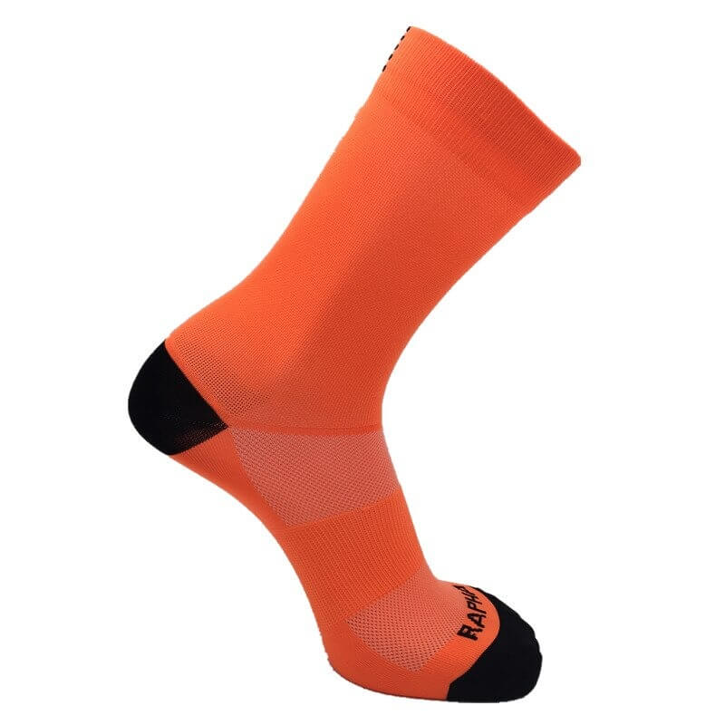 Bright orange breathable cycling sock, long knee-high design, with black sole detail, perfect for unisex compression during exercise.