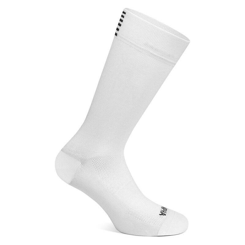 White unisex breathable cycling socks, knee-high with compression support, featuring a ventilated nylon design for dry, comfortable feet.