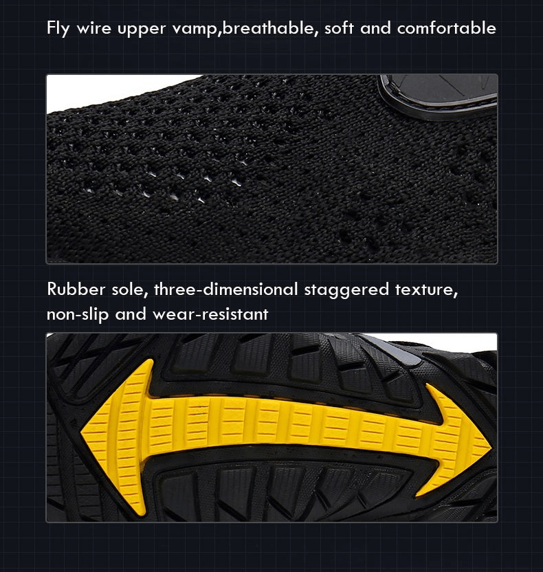 Close-up of breathable mesh fabric and durable rubber sole on men's camping sneakers, featuring non-slip texture for outdoor sports.