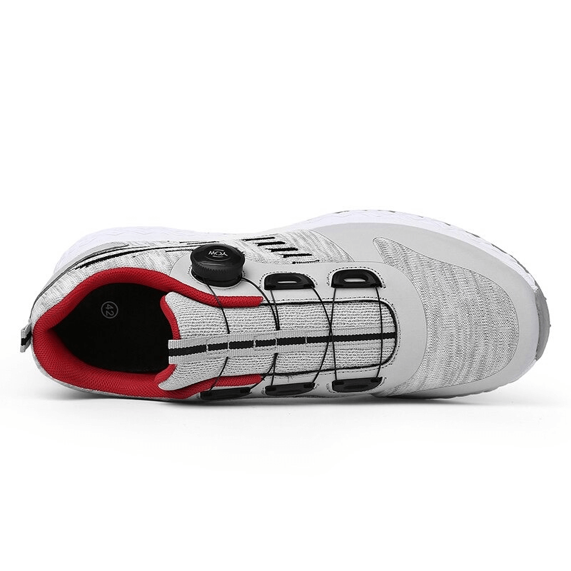 Top view of breathable white casual lace-up sneakers with air mesh upper and red accents, SF0721 model.