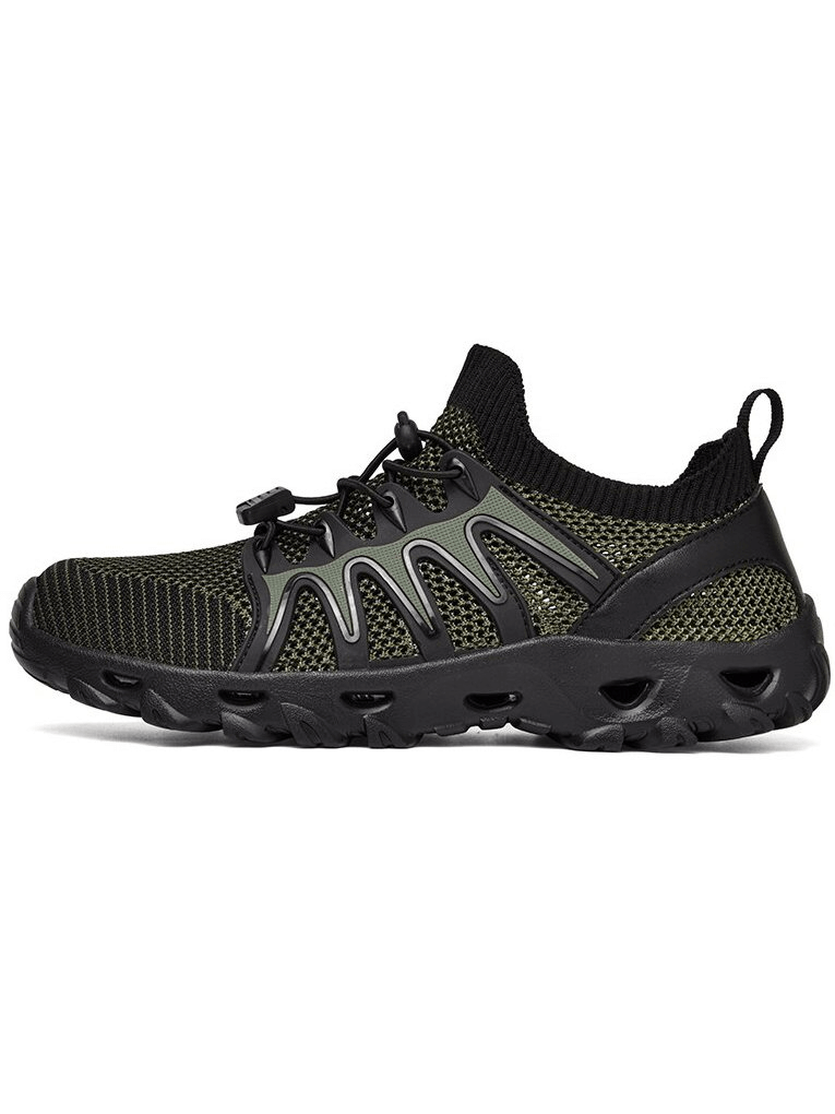 Breathable flexible sports men's trekking sneakers with green mesh design and quick-drying black EVA outsole, SF0815.