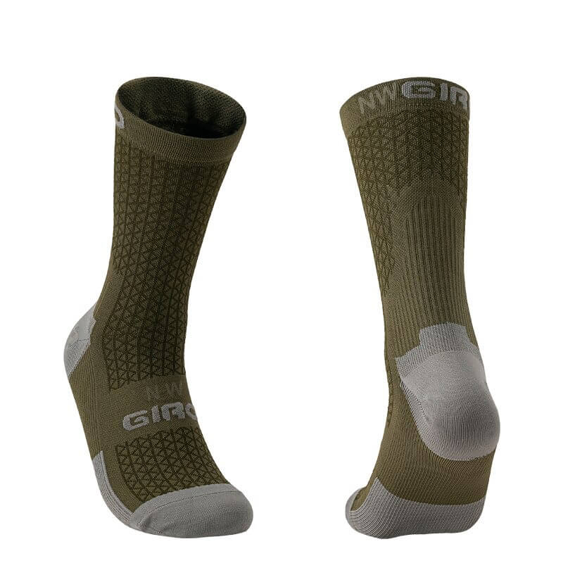 Unisex breathable knee-high cycling socks in olive, showing front and back views. Ideal for comfort and security during rides.