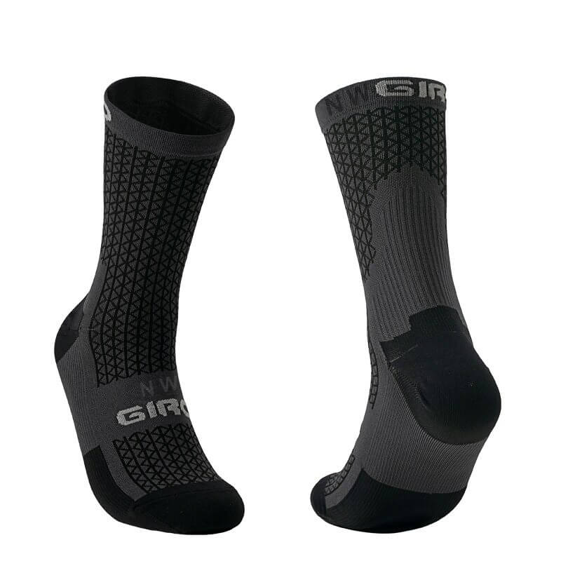 Breathable knee-high cycling socks for men and women, unisex design, in black and gray, with secure fit and non-slip features.