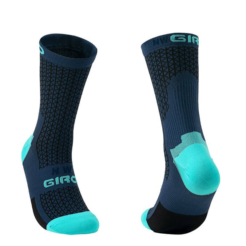 Unisex breathable knee-high cycling socks in blue and teal, designed for comfortable rides. Ideal for men and women cyclists.