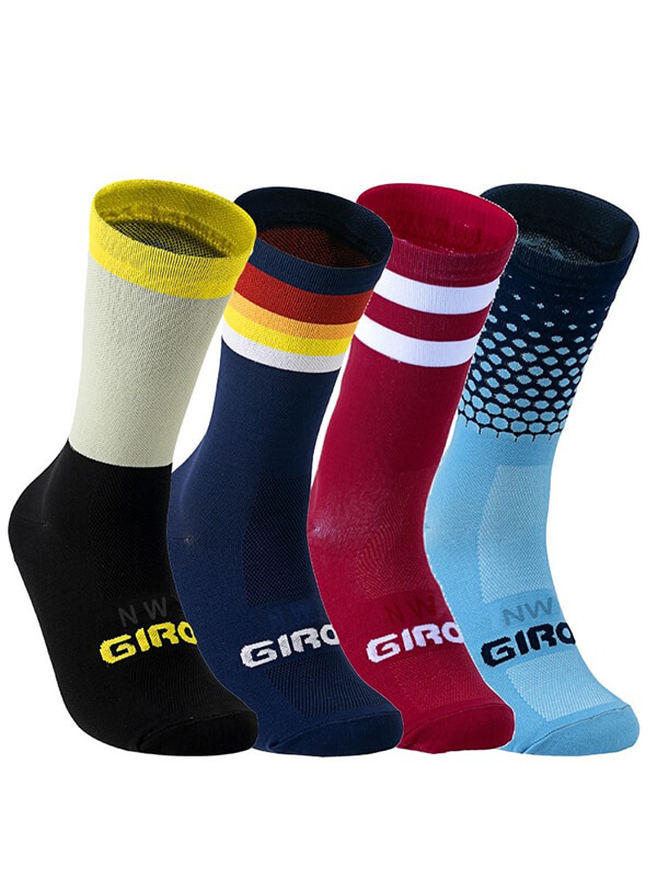 Colorful breathable knee-high cycling socks for men and women, unisex design, featuring secure fit and comfort, model SF0720.