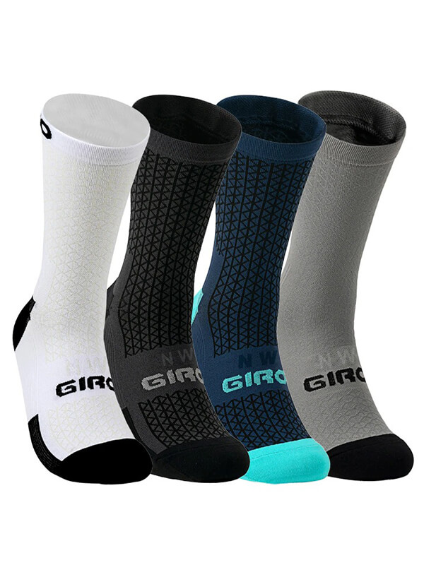 Colorful unisex knee-high cycling socks for men and women, offering breathability and comfort with a secure fit for riding.