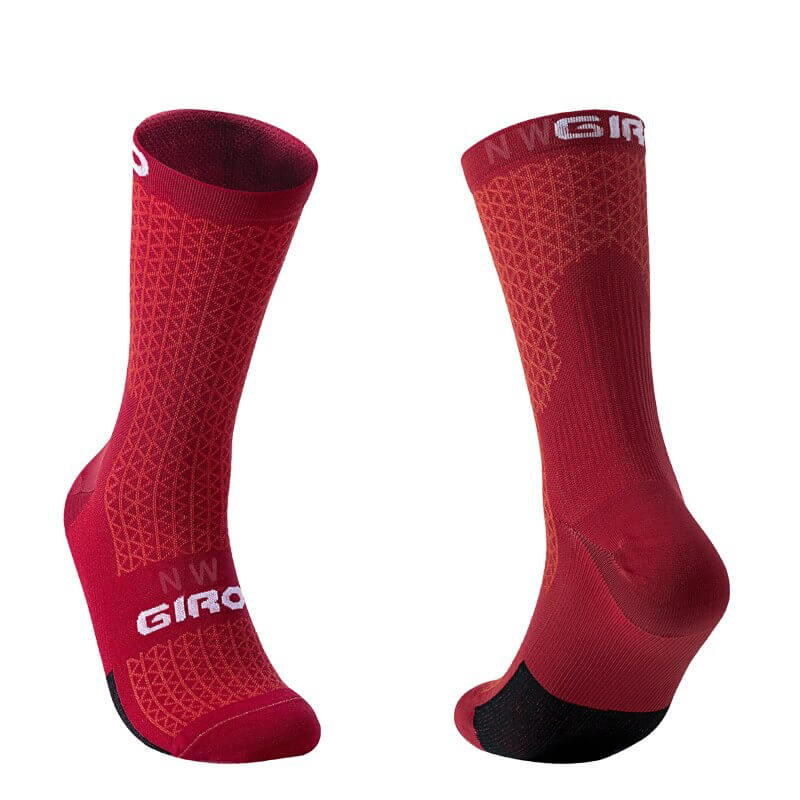 Red breathable knee-high cycling socks for men and women, featuring secure fit and comfort for active cycling sessions.