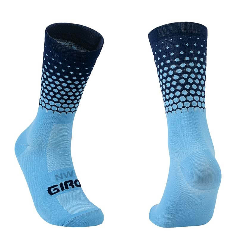 Light blue breathable knee-high cycling socks for men and women, featuring a dark blue dotted gradient design.
