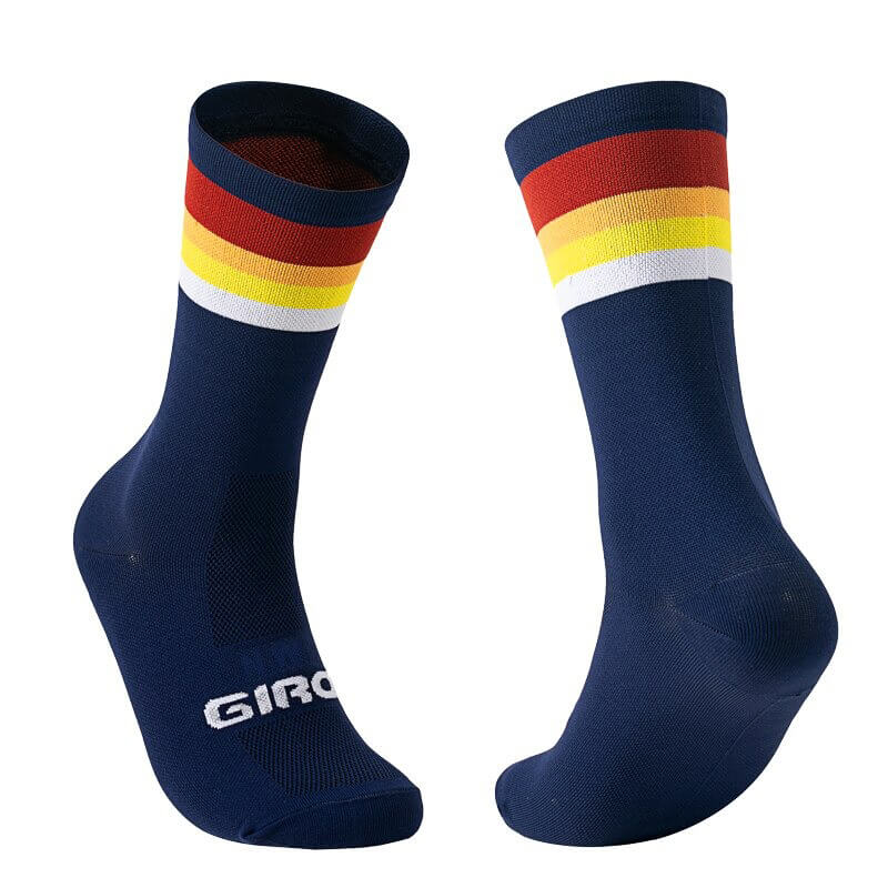 Colorful knee-high cycling socks, breathable unisex design with stripes, perfect for men and women riders seeking comfort and style.