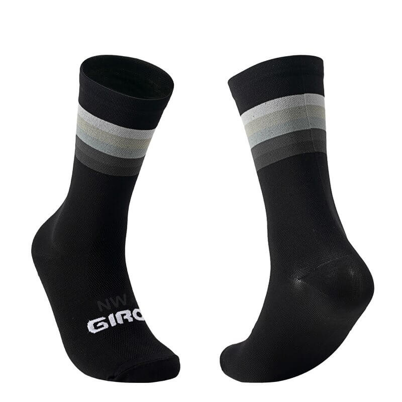 Unisex breathable knee-high cycling socks in black with grey stripes, designed for comfort and secure fit on men and women riders.