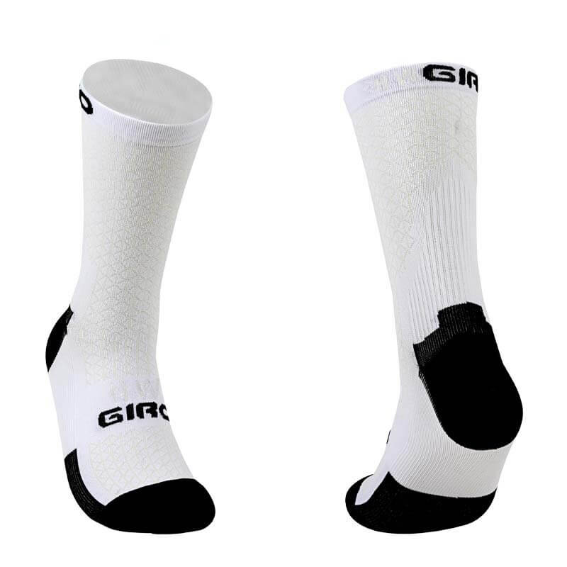 Unisex breathable knee-high cycling socks in white with black accents, perfect for men and women cyclists seeking comfort and fit.