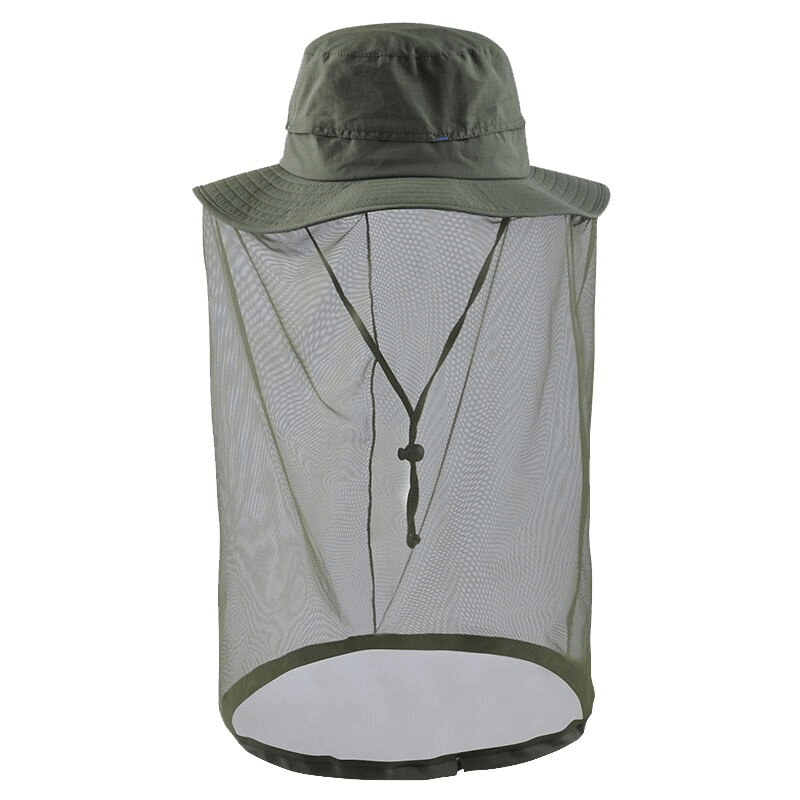 Breathable mesh anti-mosquito UPF50+ bucket hat in olive green, perfect for outdoor activities like fishing and hiking.