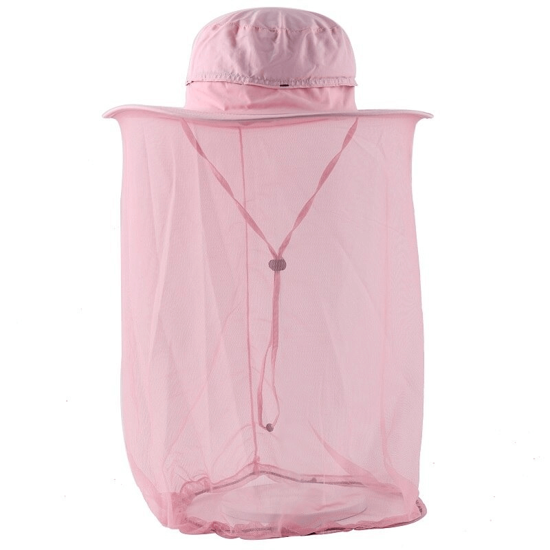 Pink breathable mesh UPF50+ bucket hat with anti-mosquito netting, ideal for outdoor activities like fishing and hiking.