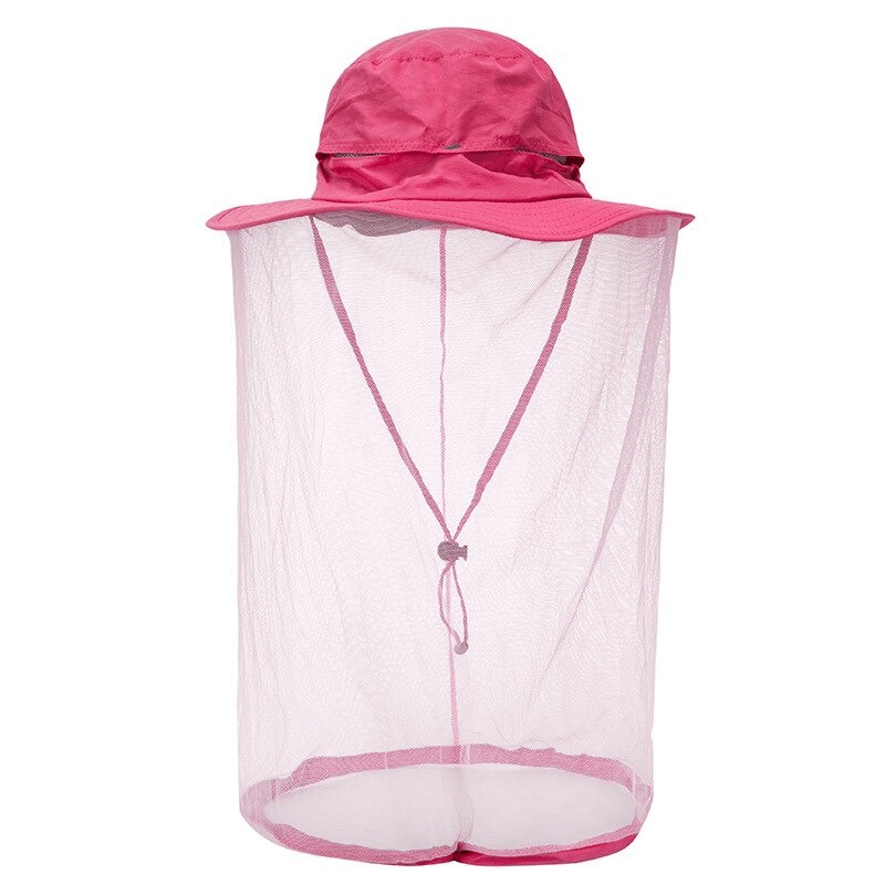 Pink breathable mesh bucket hat with anti-mosquito net, UPF50+ sun protection. Perfect for outdoor activities like fishing and hiking.