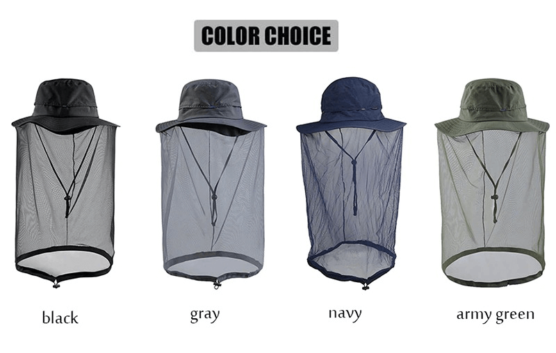 Breathable mesh bucket hat in black, gray, navy, and army green with anti-mosquito netting and UPF50+ sun protection displayed.
