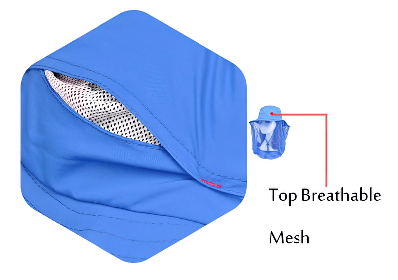 Breathable mesh detail of blue UPF50+ anti-mosquito bucket hat ideal for outdoor activities like fishing and hiking.