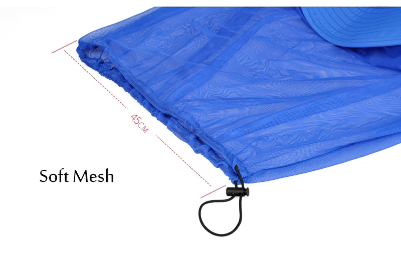 Close-up of breathable mesh fabric on blue anti-mosquito UPF50+ bucket hat, featuring adjustable drawstring for outdoor activities.