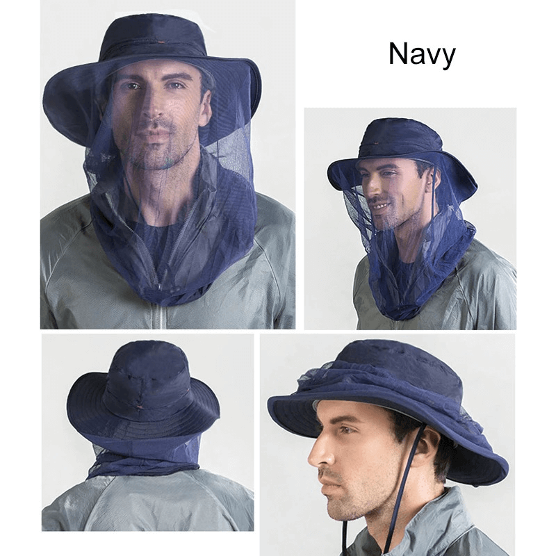Navy breathable mesh anti-mosquito UPF50+ bucket hat for fishing and sun protection, featuring a versatile design for outdoor adventures.