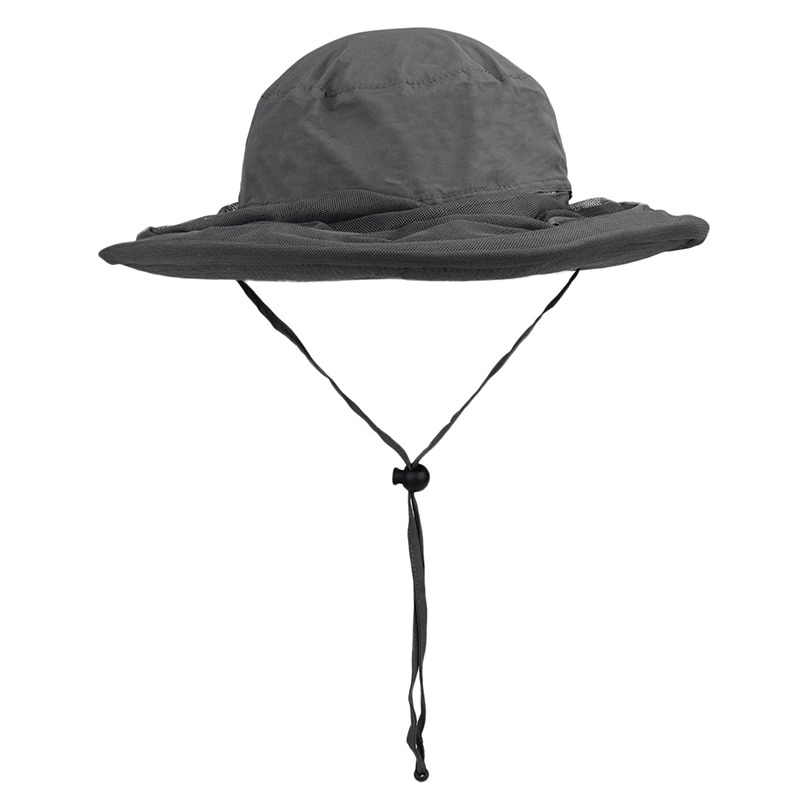 Black breathable mesh anti-mosquito UPF50+ bucket hat with chin strap, ideal for fishing and outdoor activities.