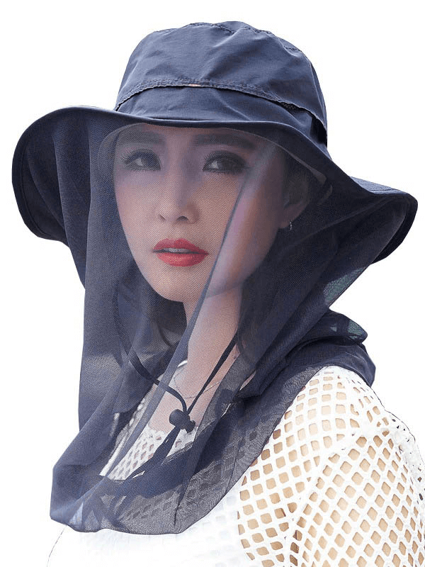 Person wearing navy Breathable Mesh Anti-Mosquito UPF50+ Bucket Hat, perfect for outdoor sun protection and pest deterrence.