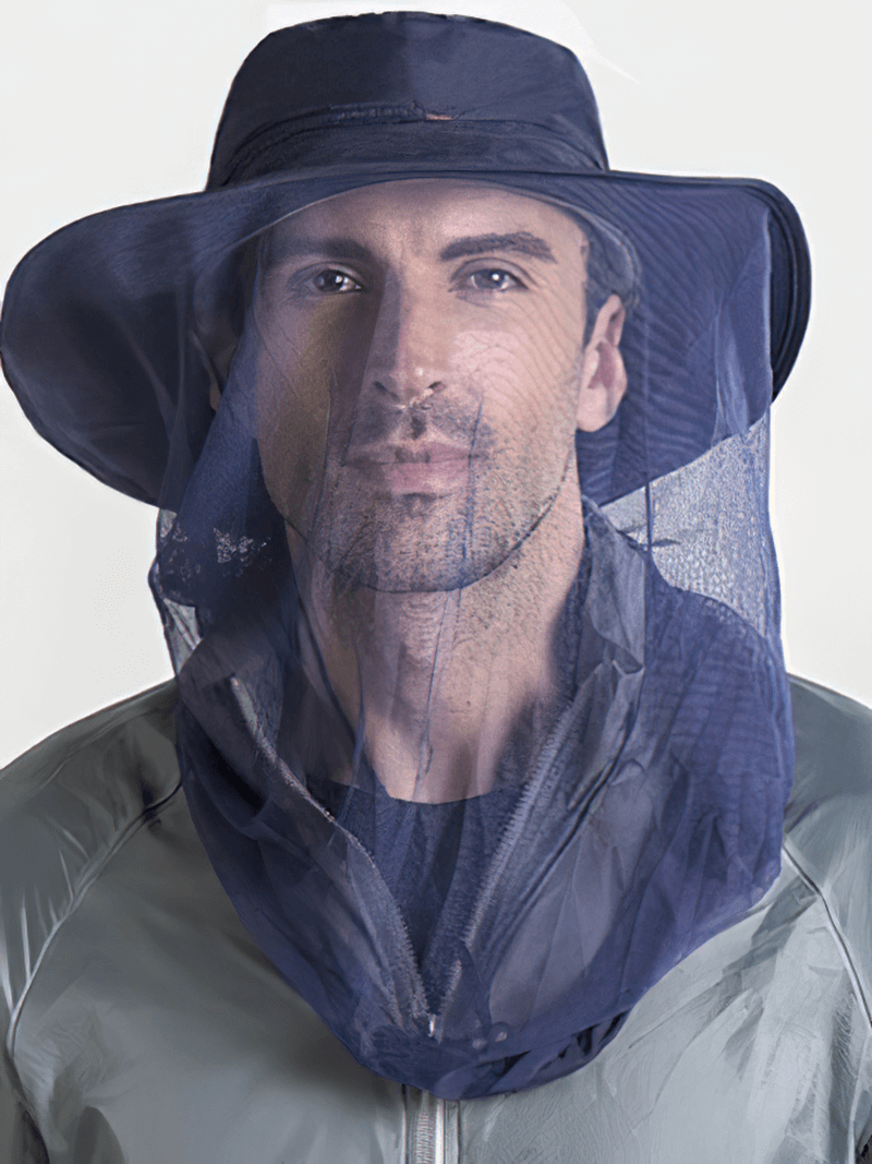 Man wearing a breathable mesh anti-mosquito UPF50+ bucket hat ideal for outdoor activities like fishing and hiking.