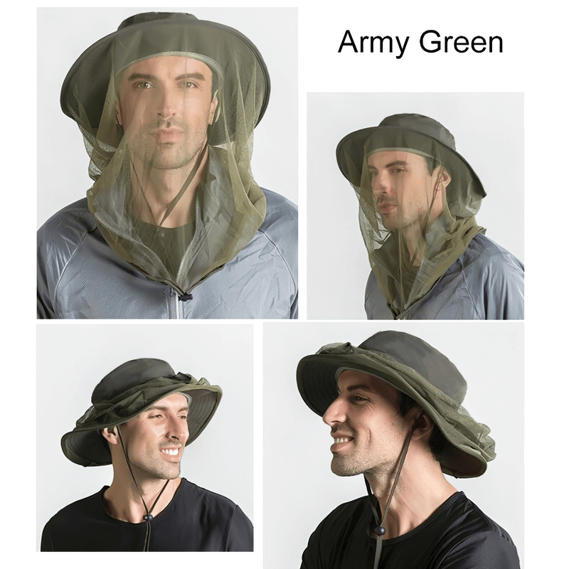 Army Green breathable mesh anti-mosquito UPF50+ bucket hat, ideal for outdoor activities like fishing and hiking.