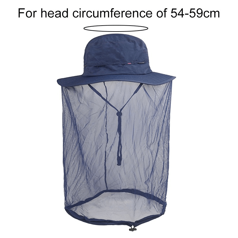 Breathable mesh anti-mosquito bucket hat with UPF50+ protection, suitable for head circumference 54-59cm, ideal for outdoor activities.