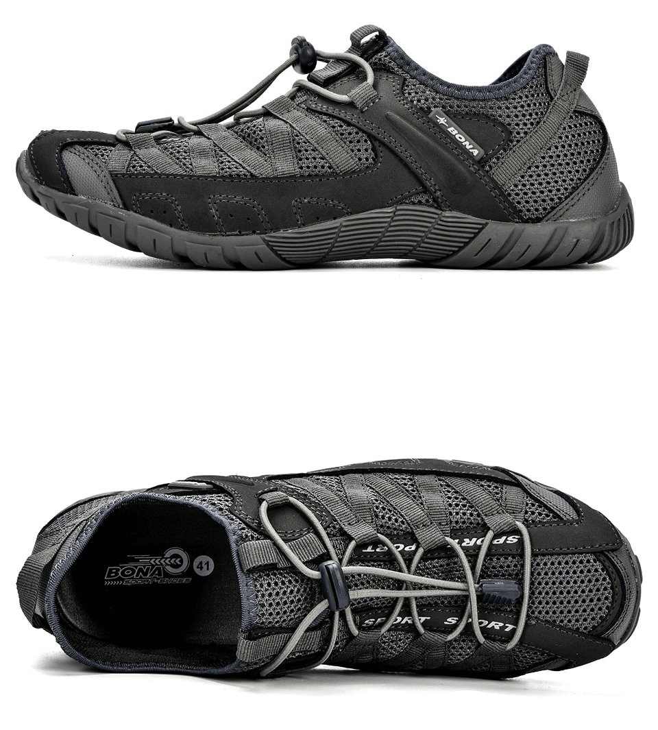 Breathable mesh flexible sneakers for men, black sports footwear with elastic band closure and rubber outsole displayed side and top view.