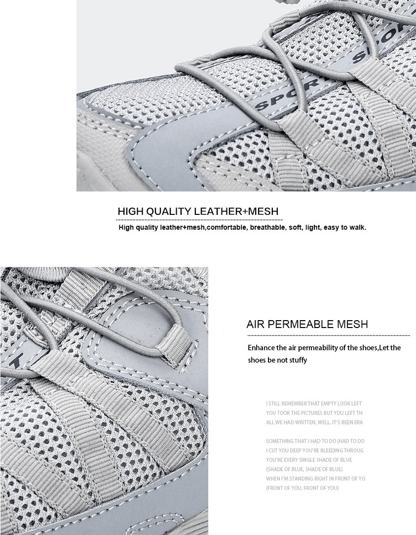 Close-up of breathable mesh sneakers with leather accents, showcasing high-quality design and comfort features.