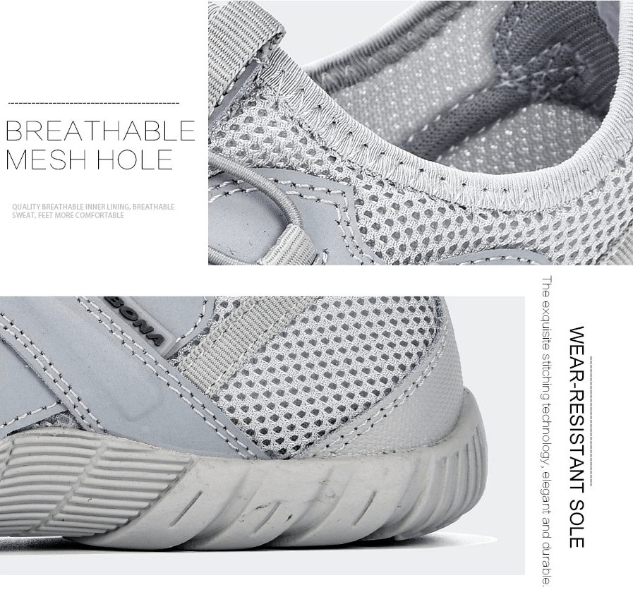 Close-up of breathable mesh men's sneakers with wear-resistant sole, featuring elastic band closure and lightweight design.