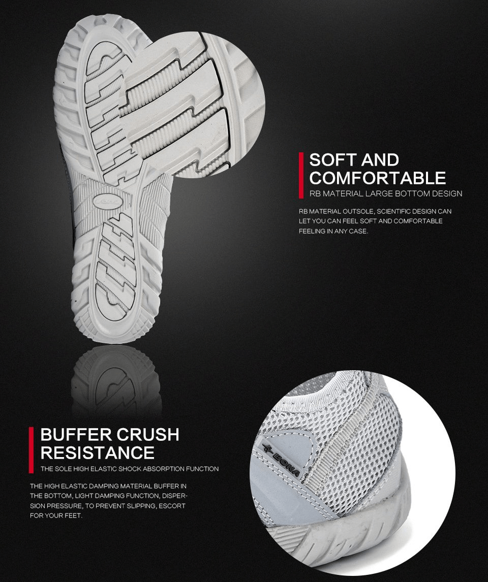 Breathable Mesh Flexible Sneakers with rubber outsole and PU insole, showcasing advanced comfort and crush resistance.